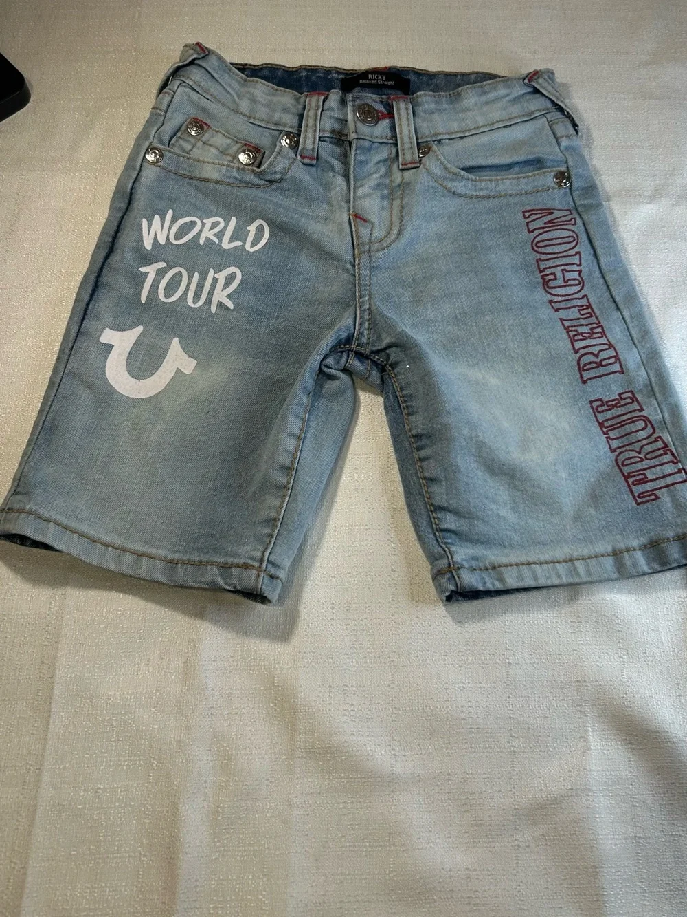 True Religion Ricky World Tour Denim Shorts Boys Size 8 Light Wash Logo